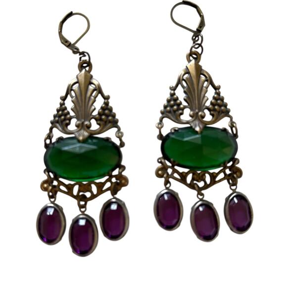 Sadie Green Art Nouveau Revival Bronze & Purple Green Glass Necklace Earring Set - Picture 3 of 9